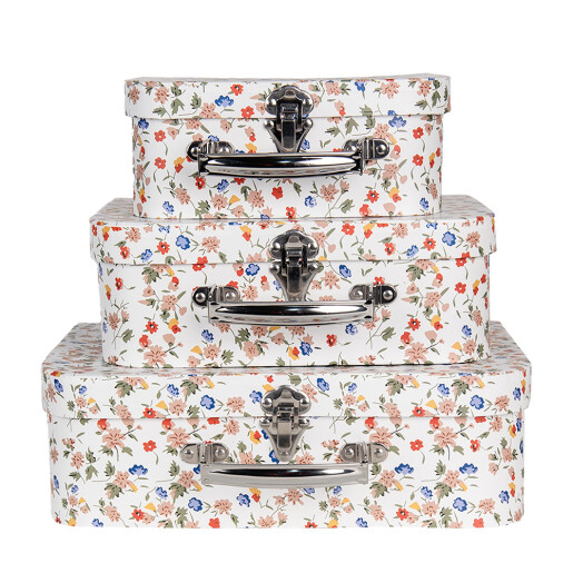 Set 3 cutii depozitare carton multicolor tip valiza Flowers 30x22x9 cm, 25x20x9 cm, 20x17x8 cm