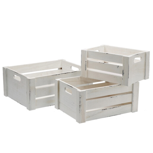 Set 3 cutii depozitare lemn alb 26 x 18 x 13 cm, 31 x 23 x 14 cm, 36 x 28 x 15 cm