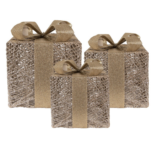 Set 3 decoratiuni Craciun cadouri metal auriu cu leduri (3) 25x25x30 / 20x20x24 / 15x15x17 cm