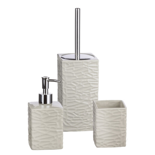 Set baie dispenser sapun, pahar periute dinti, perie toaleta ceramica bej