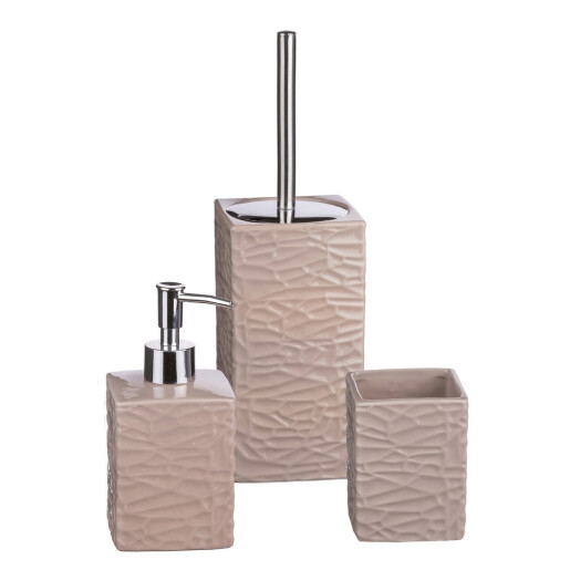 Set baie dispenser sapun, pahar periute dinti, perie toaleta ceramica maro