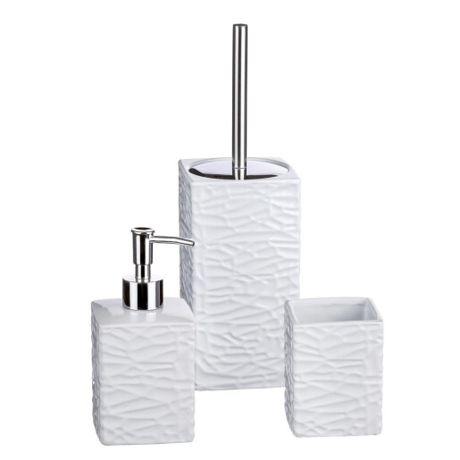 Set baie dispenser sapun, pahar periute dinti, perie toaleta ceramica alba