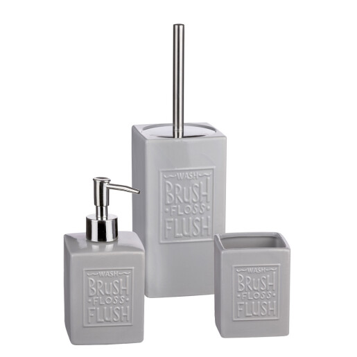 Set baie dispenser sapun, pahar periute dinti, perie toaleta ceramica gri