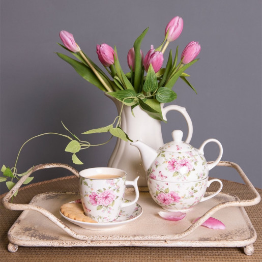 Set ceainic cu ceasca din portelan decor floral roz 16 cm x 10 cm x 14 h , 0.4 L