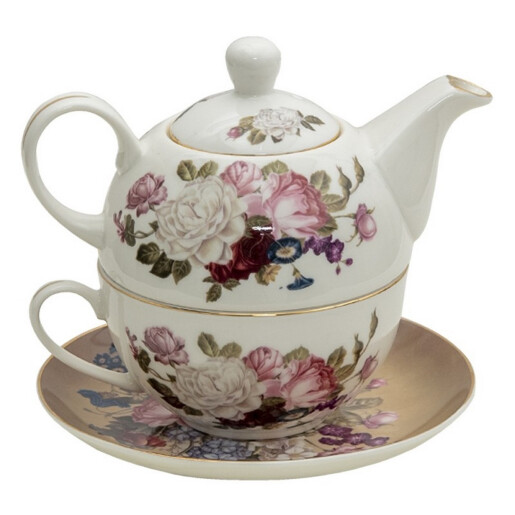 Set ceainic cu ceasca din portelan decor floral roz 17x10x14 cm