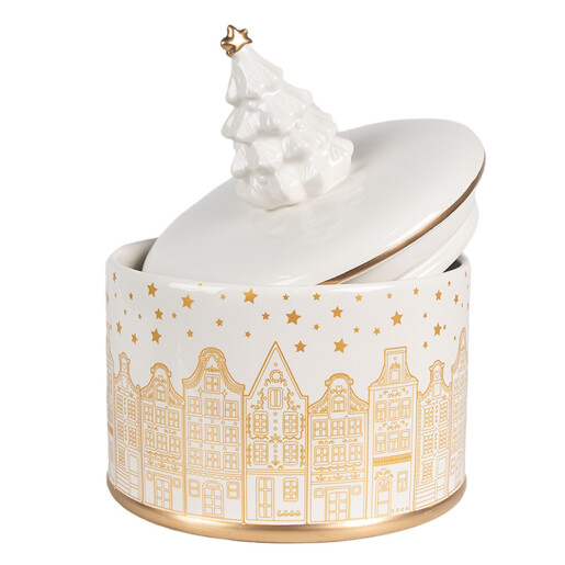 Borcan Craciun ceramica alba aurie 15x19 cm