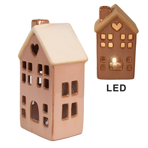 Casuta decorativa cu led portelan maro 6x6x11 cm
