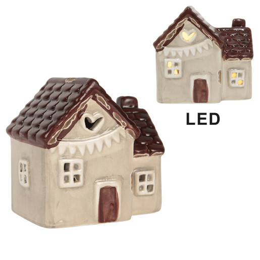 Casuta Craciun ceramica bej maro cu led 8x6x8 cm
