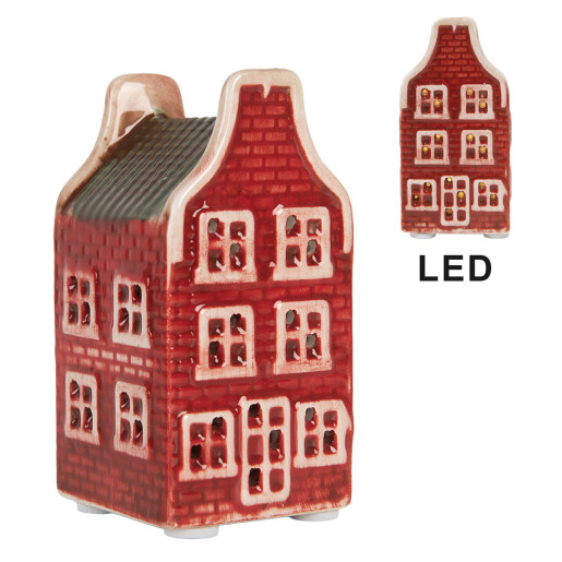 Casuta Craciun ceramica rosie crem cu led 4x4x8 cm
