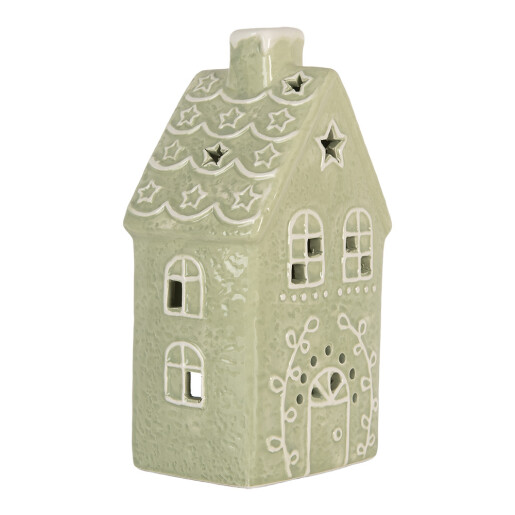 Candela Casuta Craciun ceramica alba verde 11x9x21 cm