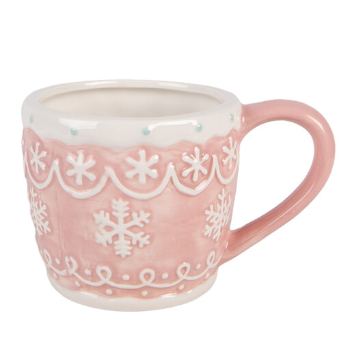 Cana Craciun Fulgi de Nea ceramica roz alba 14x10x9 cm / 300 ml