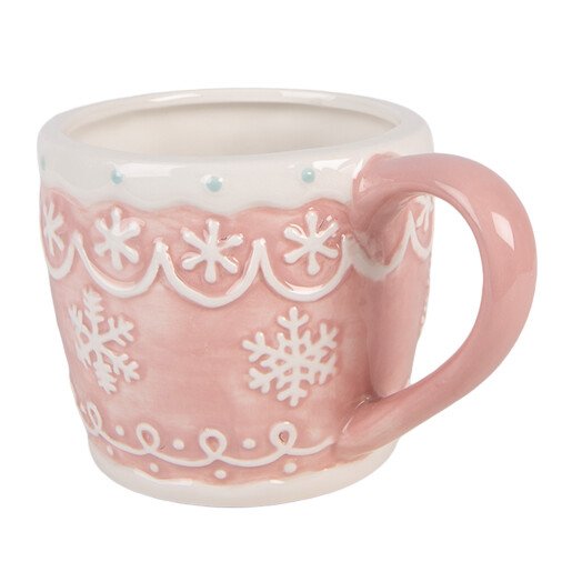 Cana Craciun Fulgi de Nea ceramica roz alba 14x10x9 cm / 300 ml