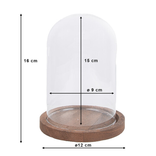 Platou decorativ lemn cu cloche sticla Ø 12x16 cm