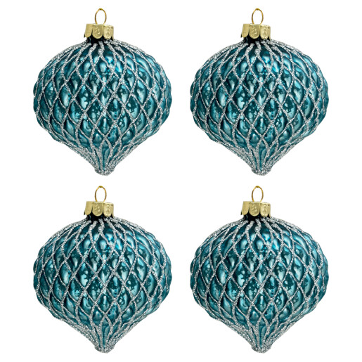 Set 4 globuri brad Craciun sticla albastra 8x9 cm