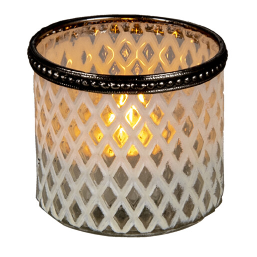 Candela sticla alba argintie 8x7 cm