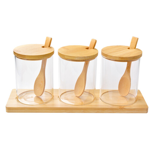 Set 3 borcane cu suport lemn sticla 8x10 cm, 29x9x12 cm