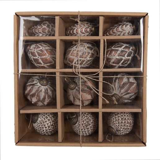 Set 12 globuri brad Craciun sticla maro 4x6 cm, 5x8 cm, 6x7 cm, 7x7 cm