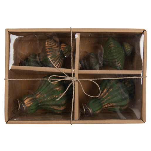 Set 4 globuri brad Craciun sticla verde aurie 8x13 cm, 9x13 cm