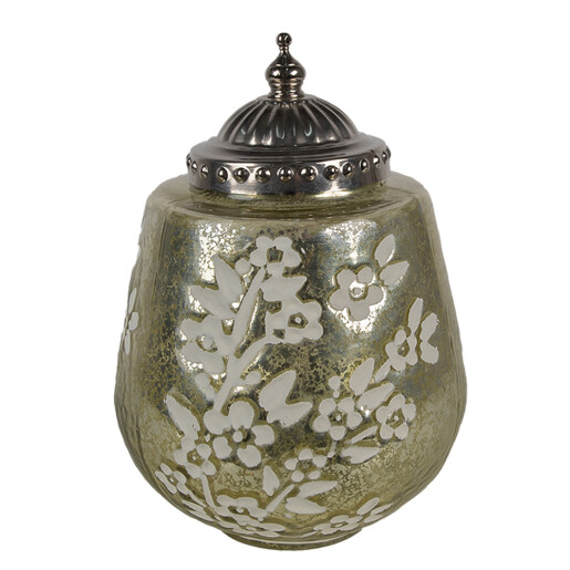 Candela cu led sticla verde alba metal argintiu 13x19 cm