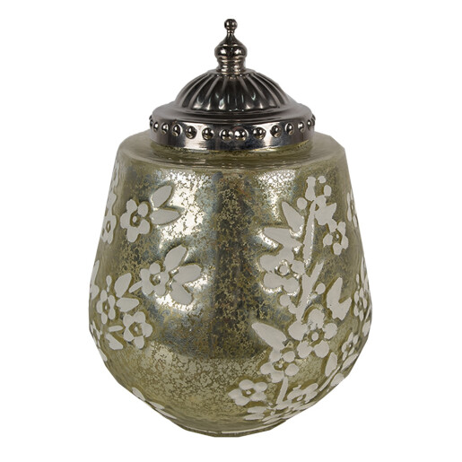 Candela cu led sticla verde alba metal argintiu 13x19 cm