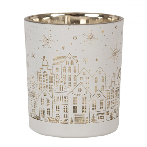 Set 3 candele Craciun sticla alba aurie 7x8 cm, 9x10 cm, 10x12 cm