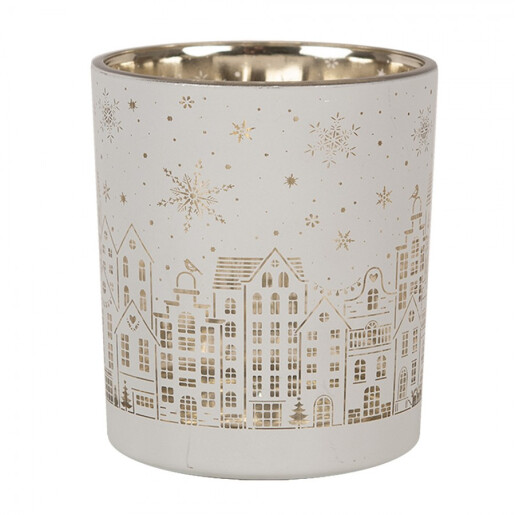 Set 3 candele Craciun sticla alba aurie 7x8 cm, 9x10 cm, 10x12 cm