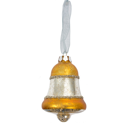 Set 2 ornamente brad Craciun Clopotei sticla aurie argintie 5x9 cm