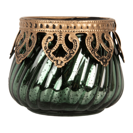 Suport lumanare sticla verde metal auriu Ø 8x7 cm