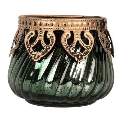 Suport lumanare sticla verde metal auriu Ø 8x7 cm