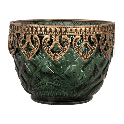Suport lumanare sticla verde metal auriu Ø 10x8 cm