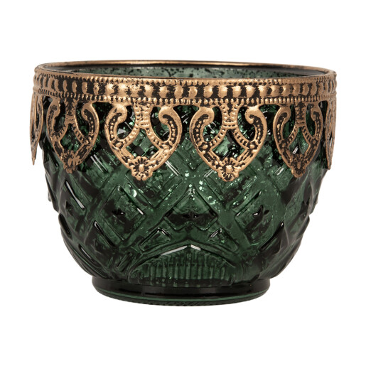 Suport lumanare sticla verde metal auriu Ø 10x8 cm