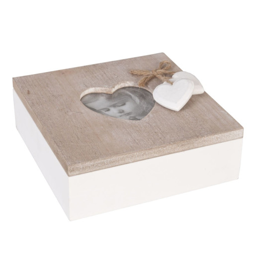 Cutie bijuterii cu rama foto lemn natur alb Heart 15 cm x  15 cm
