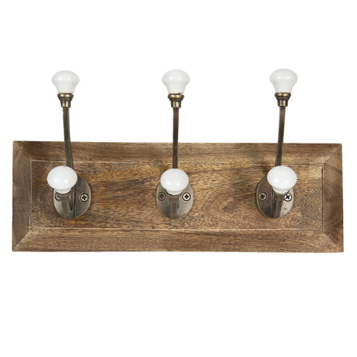 Cuier perete lemn fier maro ceramica alba 30x8x10 cm