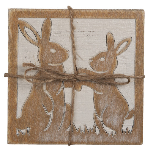 Set 4 suporturi pahare lemn alb maro Iepuras 10x10 cm
