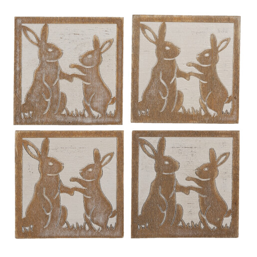 Set 4 suporturi pahare lemn alb maro Iepuras 10x10 cm