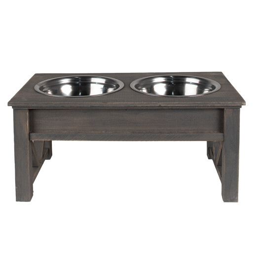 Bol dublu hranire animale inox lemn gri 40x22x18 cm, 2x500 ml