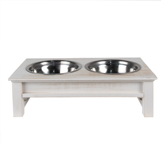 Bol dublu hranire animale inox lemn alb 40x22x18 cm, 2x500 ml