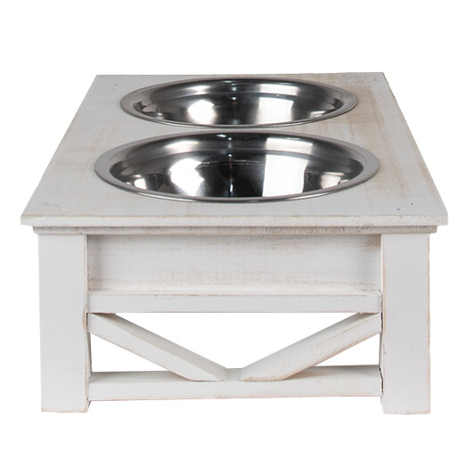 Bol dublu hranire animale inox lemn alb 40x22x18 cm, 2x500 ml