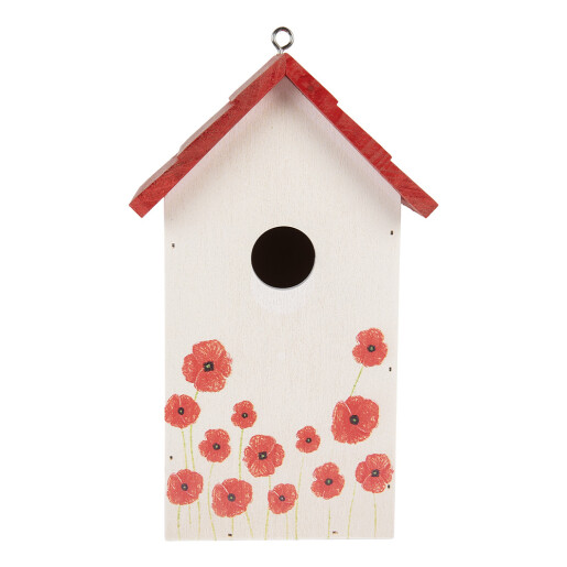 Casuta Pasari lemn alb rosu negru decor Maci 15x10x22 cm