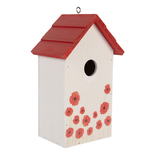 Casuta Pasari lemn alb rosu negru decor Maci 15x10x22 cm
