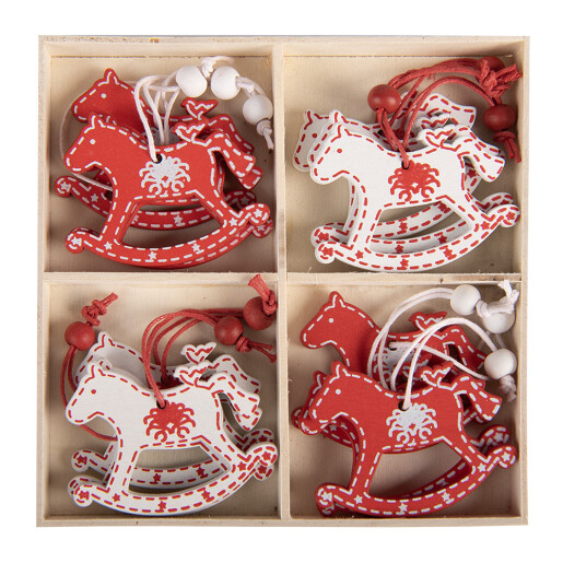 Set 12 ornamente brad Caluti lemn alb rosu 13x13x1 cm (12)