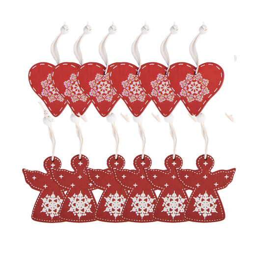 Set 12 ornamente brad Inimioare, Ingeri lemn alb rosu 13x13x1 cm (12)