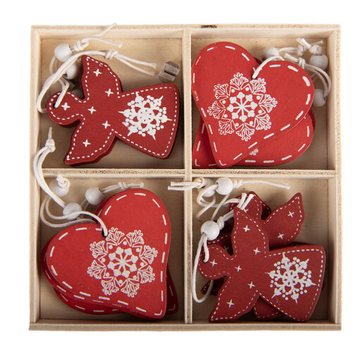 Set 12 ornamente brad Inimioare, Ingeri lemn alb rosu 13x13x1 cm (12)