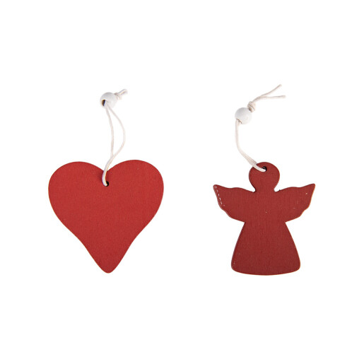 Set 12 ornamente brad Inimioare, Ingeri lemn alb rosu 13x13x1 cm (12)