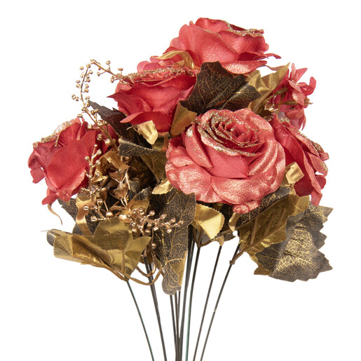 Buchet Trandafiri artificiali rosii aurii 18x15x50 cm