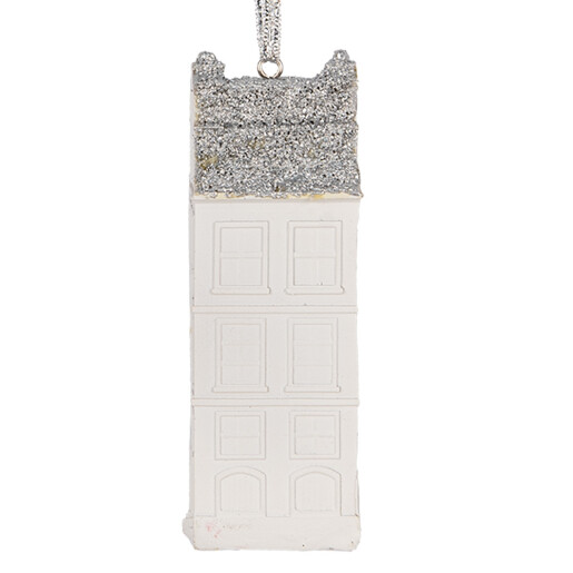Set 2 ornamente brad Casuta Craciun polirasina alba argintie  4x4x11 cm