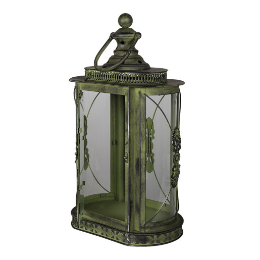 Felinar fier verde sticla 29x19x52 cm