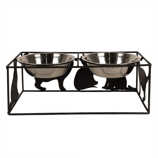 Bol dublu hranire animale fier negru inox 38x20x14 cm, 2x500 ml