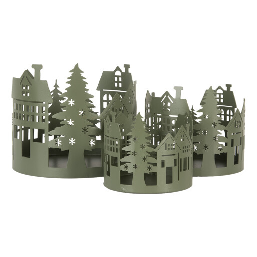 Set 3 Casute Craciun decorative metal verde Ø 15x13 cm, Ø 12x11 cm, Ø 10x9 cm