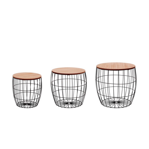 Set 3 masute fier negru mdf maro 30 x 32, 35 x 37, 40 x 40,5 cm